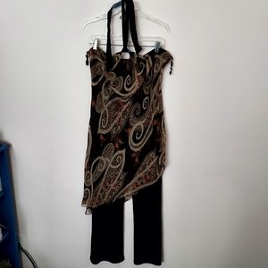 Anna Bohemian Black & Gold Halter Jumpsuit size 3XL Retro 70"s